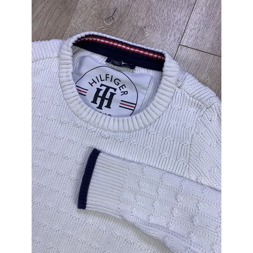 Tommy Hilfiger Sweater Womens Med White Cable Knit Cotton Classic Preppy‎ Tennis